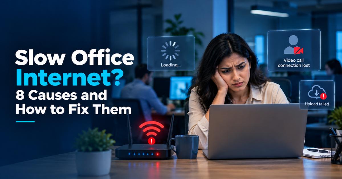 Frustrated employee at a laptop with loading and video call error icons, showing how slow office internet hurts business productivity