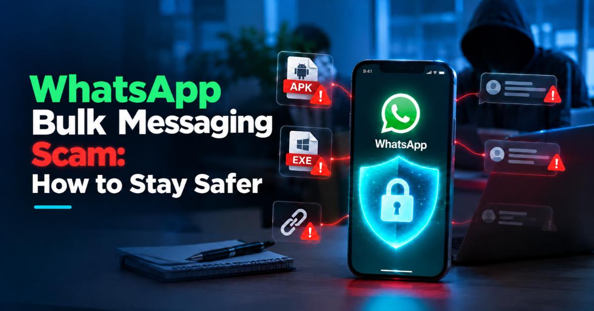 WhatsApp bulk messaging scam warning showing a protected phone and malicious APK, EXE and link indicators