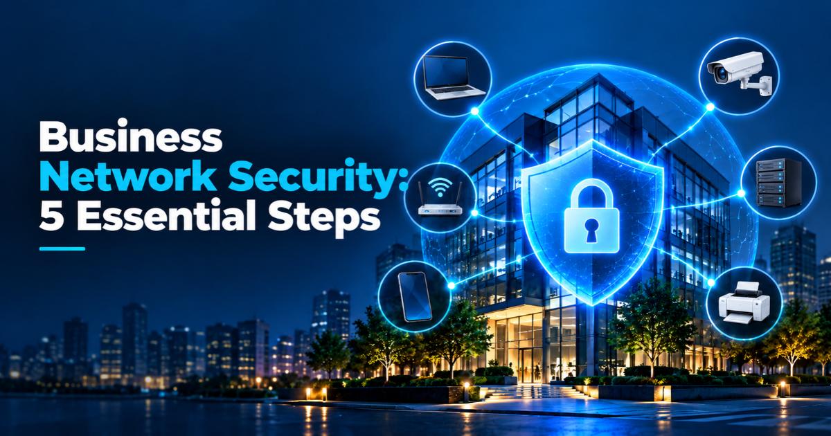 Office building protected by a blue digital shield blocking cyber threats, showing business network security as the first line of defence